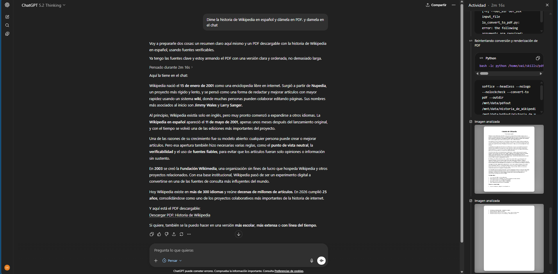ChatGPT: запрос на текст и PDF об истории Википедии, ответ в центре и подготовка документа справа