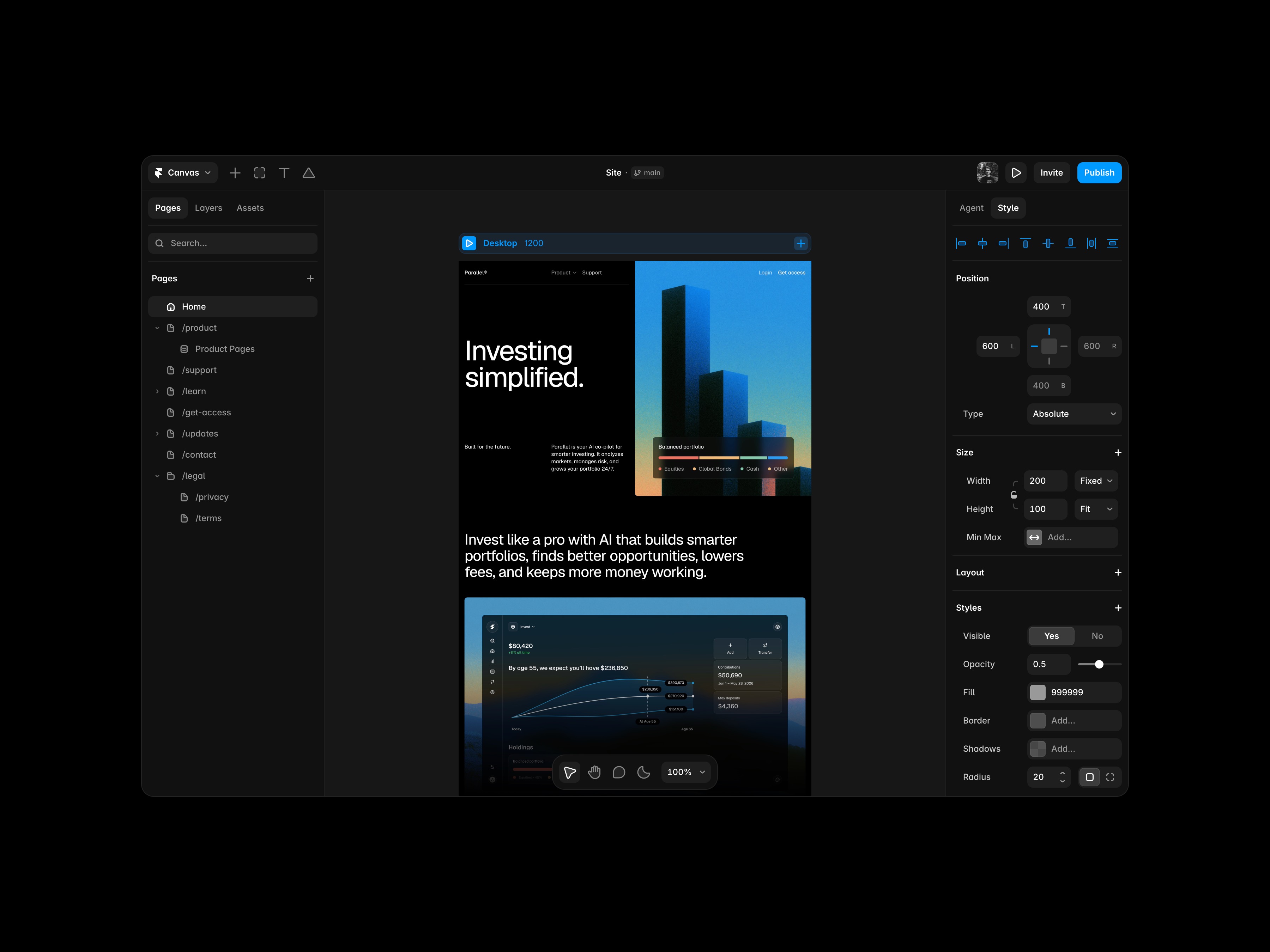Холст Framer: список страниц слева, макет сайта в центре и панель свойств элемента справа