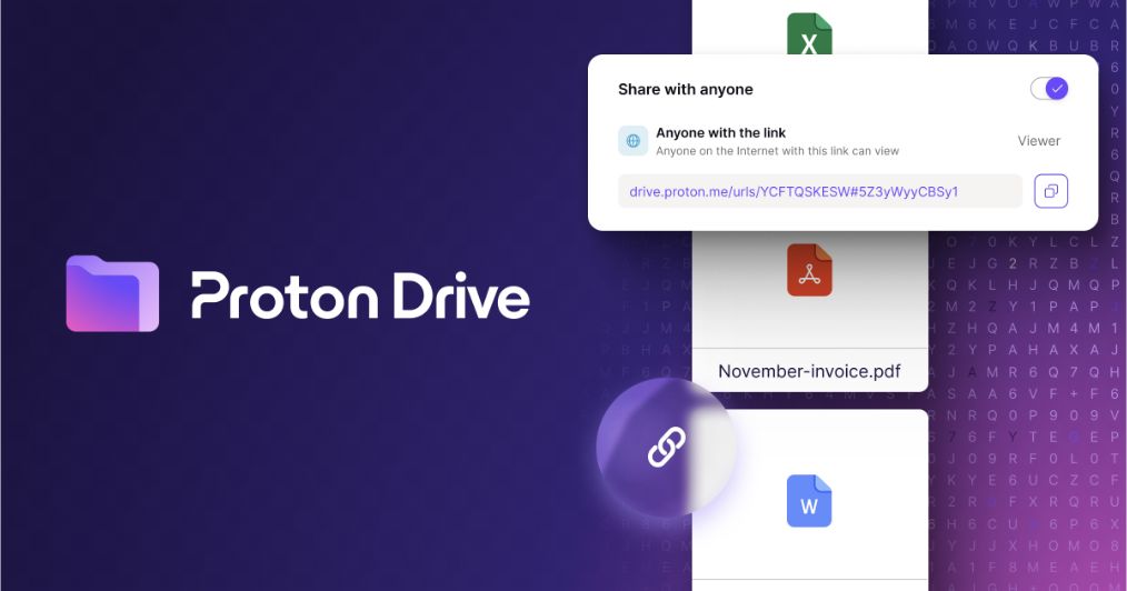 Пример Proton Drive: в окне Share with anyone включён доступ по ссылке с ролью Viewer