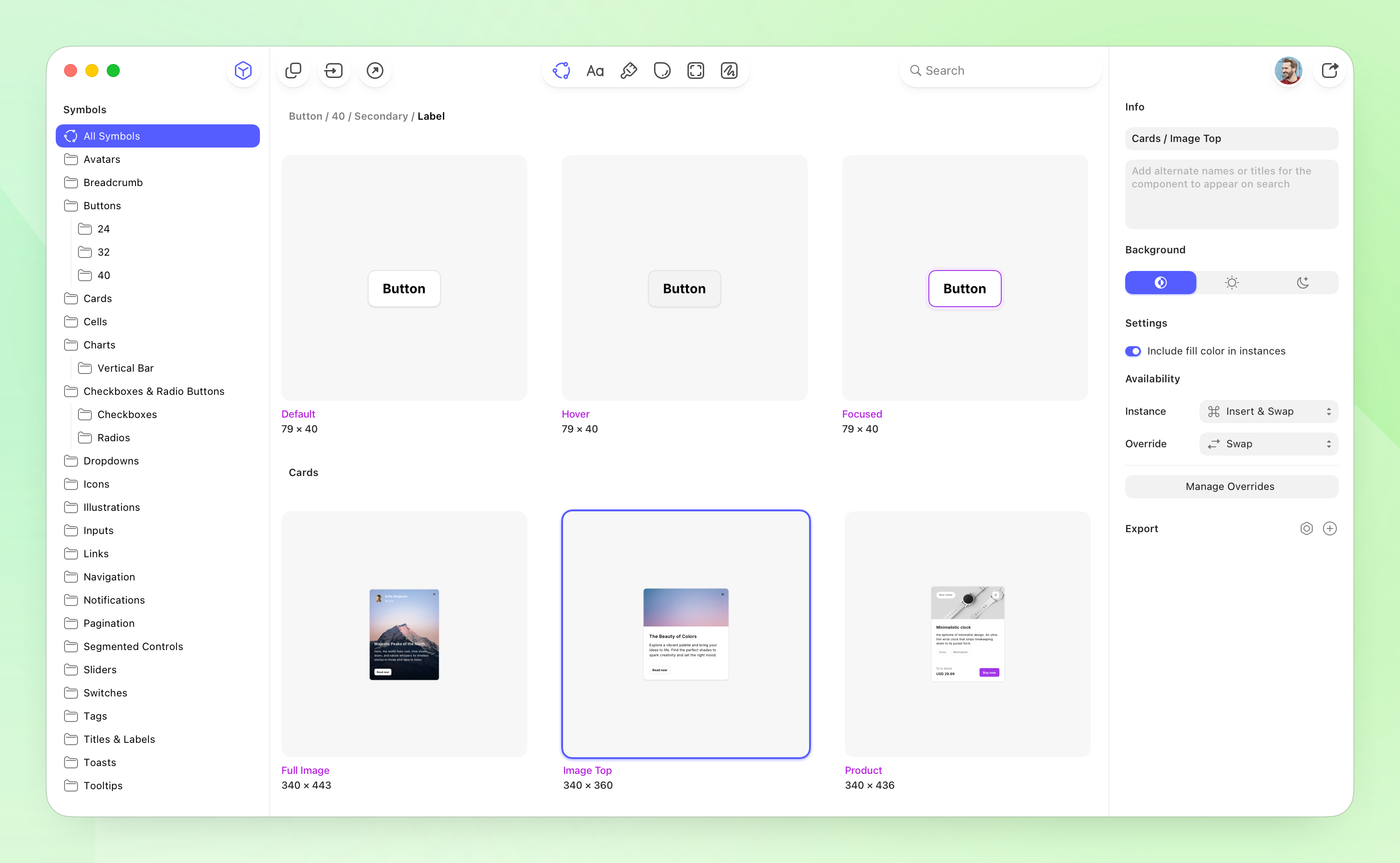 Библиотека Symbols в Sketch: варианты кнопки Default, Hover и Focused и три шаблона карточек