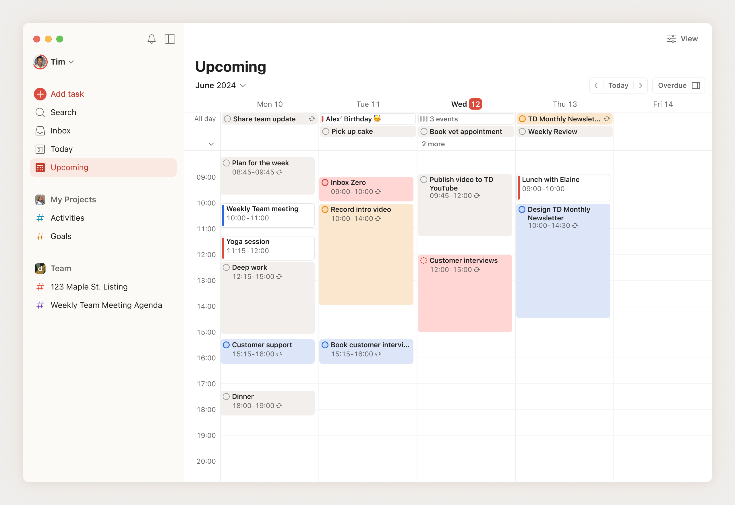 Календарь Todoist: задачи на неделю распределены по дням и временным блокам